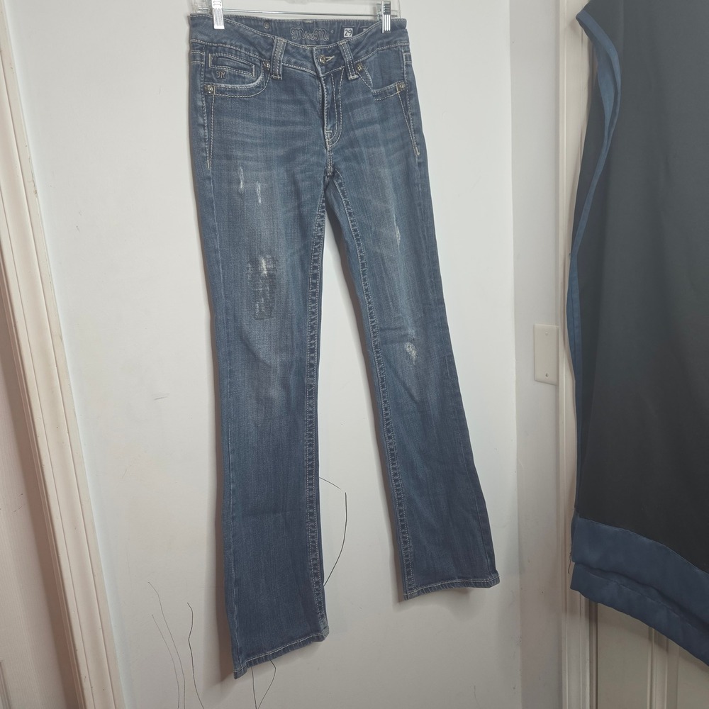 Miss Me JP5009-3L Bootcut Jeans Blue Distressed Embellished Cross Pockets Sz 29